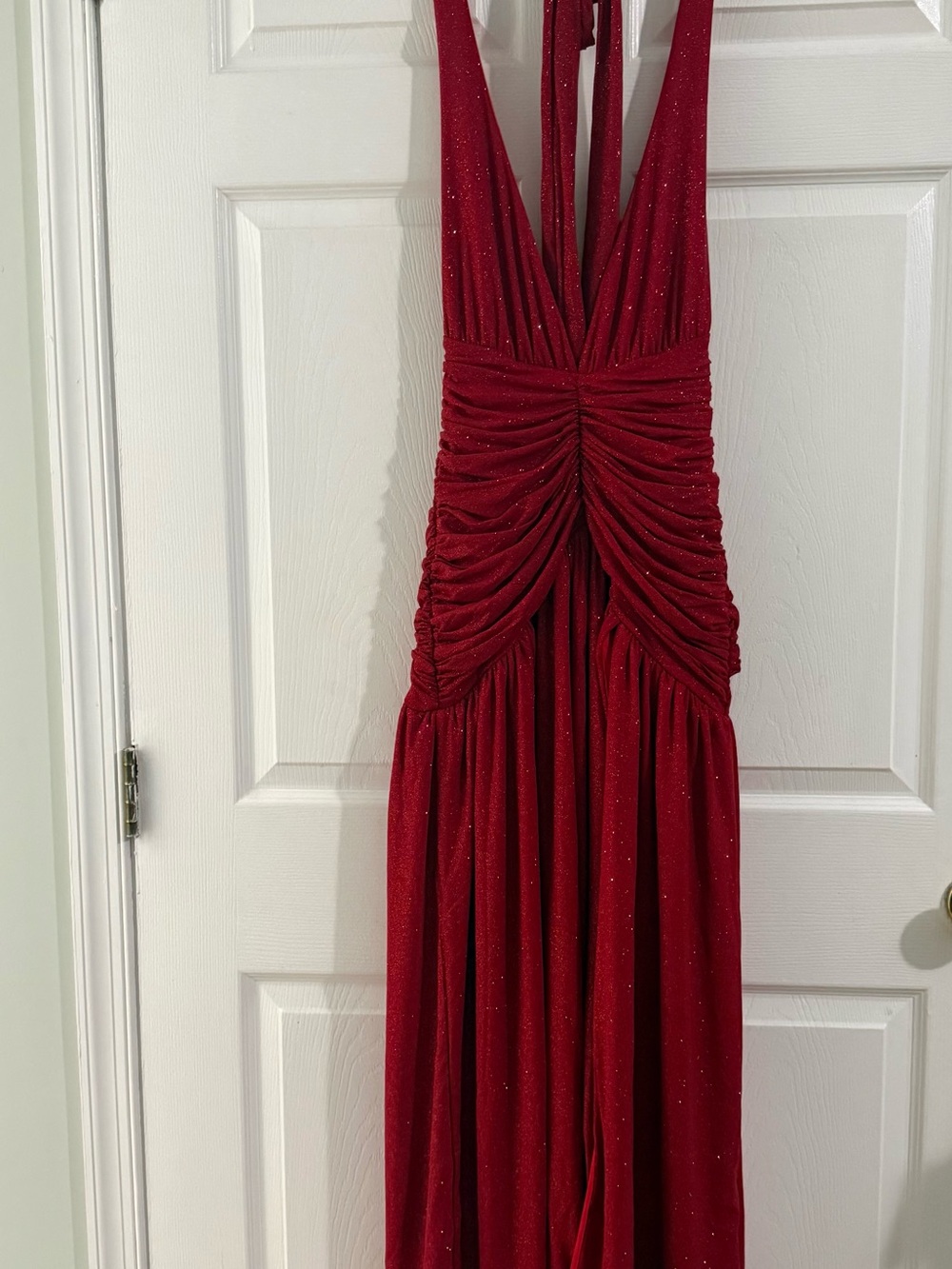 Red Sparkle Ruched Halter Maxi Dress